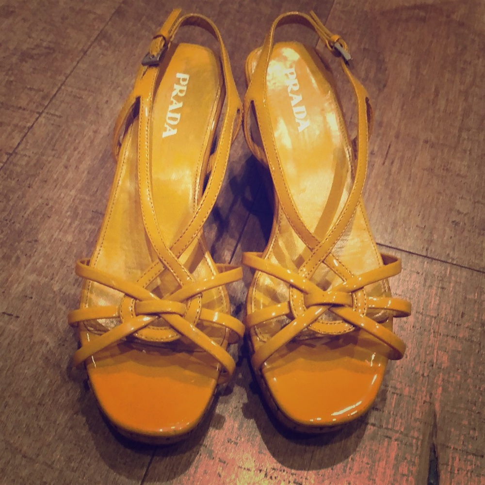 Prada mustard yellow cork sandal wedges-36 1/2